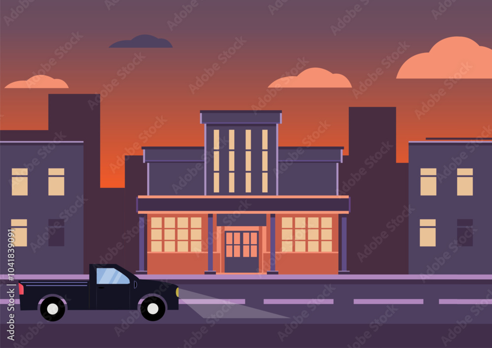 some buildings on the outskirts of the city with a dusk atmosphere. equipped with cars and a sunset background some buildings on the outskirts of the city with a dusk atmosphere. equipped with cars and a sunset background