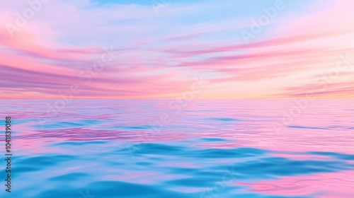 A serene ocean view at sunset, featuring tranquil waters reflecting soft pink and blue hues in a peaceful atmosphere.