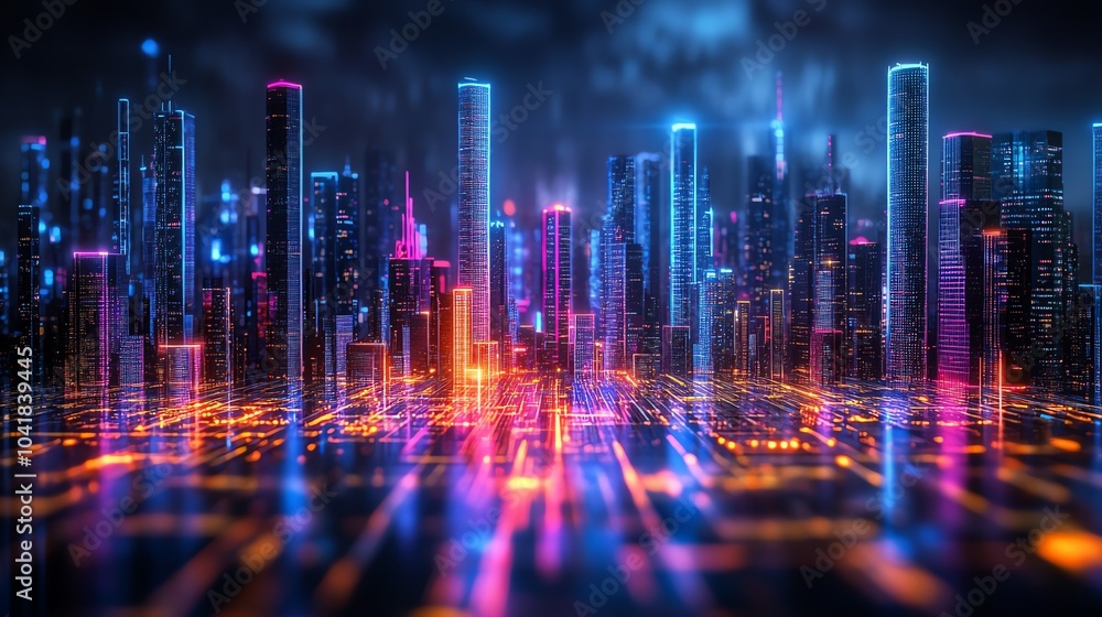 Futuristic city skyline with neon lights at night. Futuristic city skyline with neon lights at night.