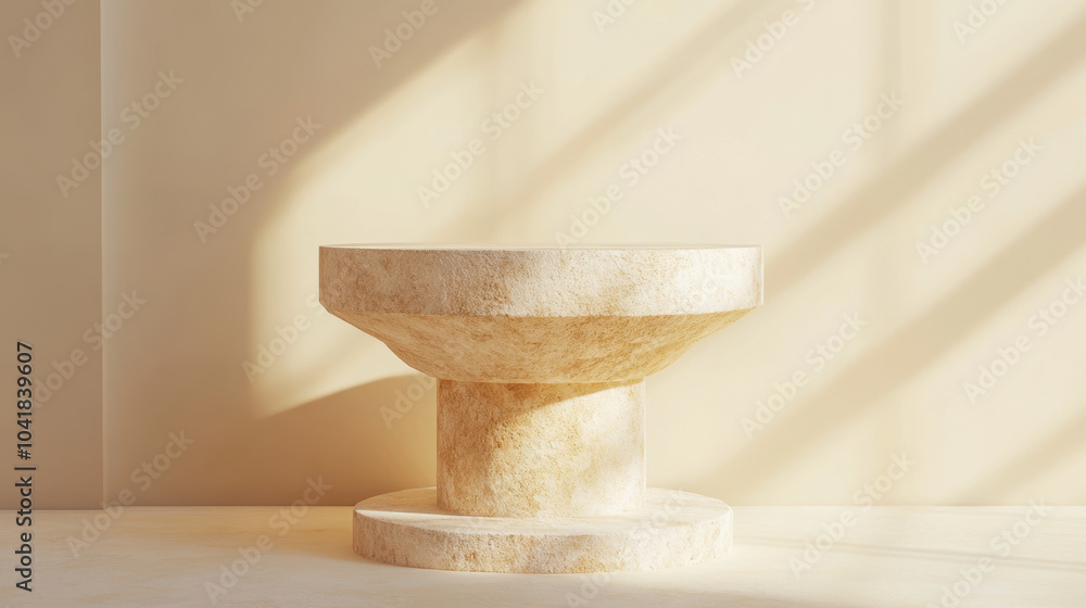 geometric stone pedestal stands elegantly against soft beige background, illuminated by gentle sunlight. warm tones and minimalist design create serene atmosphere geometric stone pedestal stands elegantly against soft beige background, illuminated by gentle sunlight. warm tones and minimalist design create serene atmosphere
