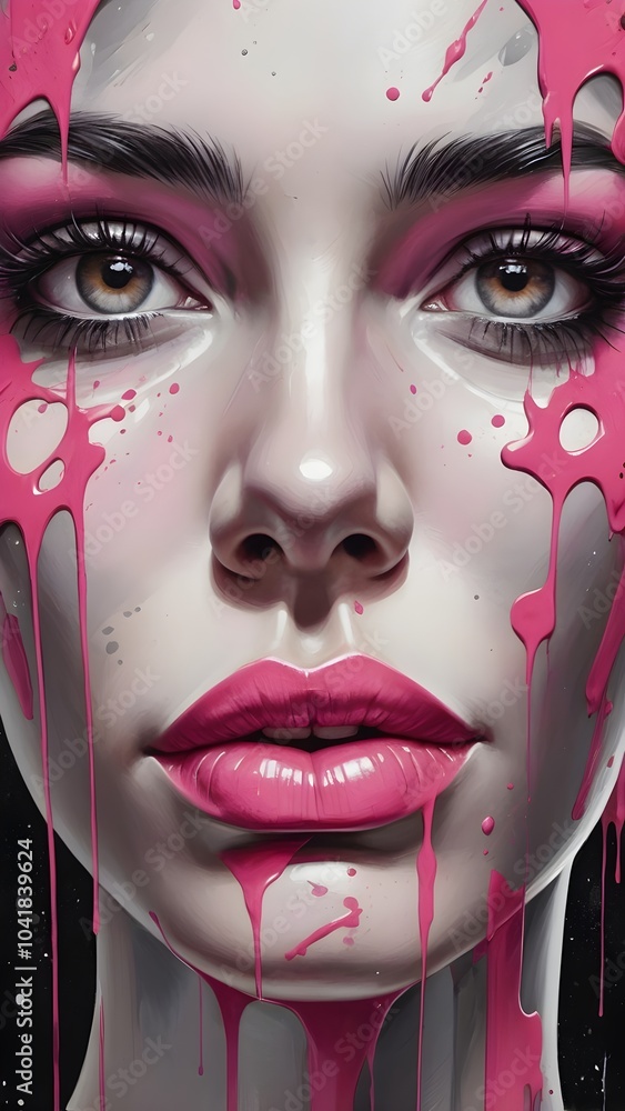 Abstract Face Illustration with Pink Paint Splashes and Gray Tones Abstract Face Illustration with Pink Paint Splashes and Gray Tones