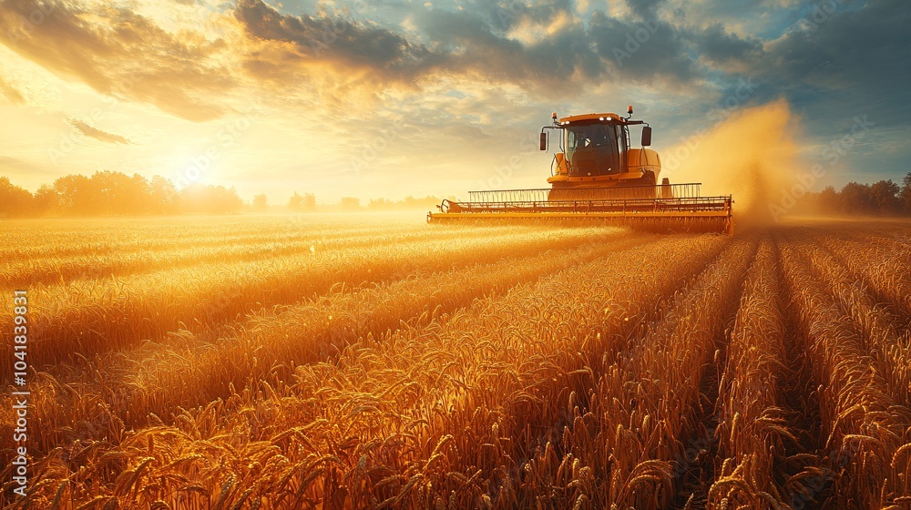 Autonomous Harvesters on Golden Fields at Sunset Autonomous Harvesters on Golden Fields at Sunset