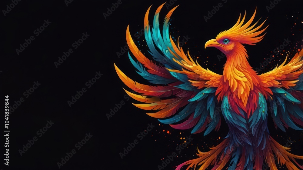Obraz premium A vibrant phoenix with outstretched wings against a black background.