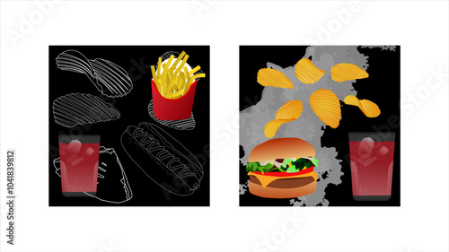 two images, illustration of french fries and soda drink with white and black scribble background, illustration of potato chips, hamburger and soda drink