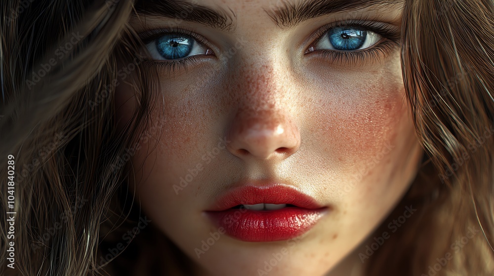 Portrait of a young woman with striking blue eyes and red lips. Portrait of a young woman with striking blue eyes and red lips.