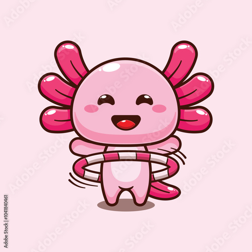 Axolotl playing hula hoop. mascot cartoon character vector illustration.