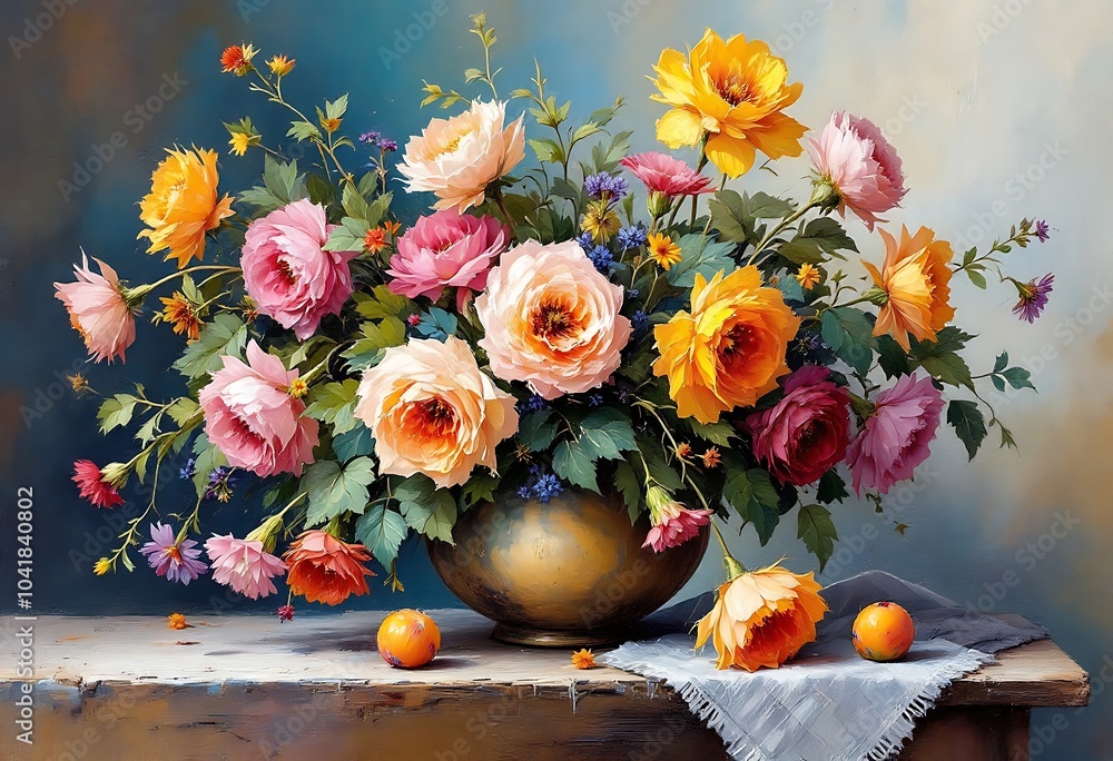 Fototapeta premium A Vibrant Floral Still Life Painting in a Decorative Vase