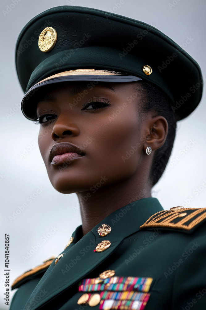 A portrait of a young Black female soldier in ceremonial uniform, her posture straight and proud, with a solemn expression as she represents her country at an official event. A portrait of a young Black female soldier in ceremonial uniform, her posture straight and proud, with a solemn expression as she represents her country at an official event.