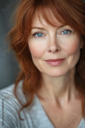 A middle-aged Caucasian woman with rich auburn hair and vivid blue eyes is captured in a thoughtful close-up portrait. The soft, natural light enhances her warm smile and adds depth to her character.