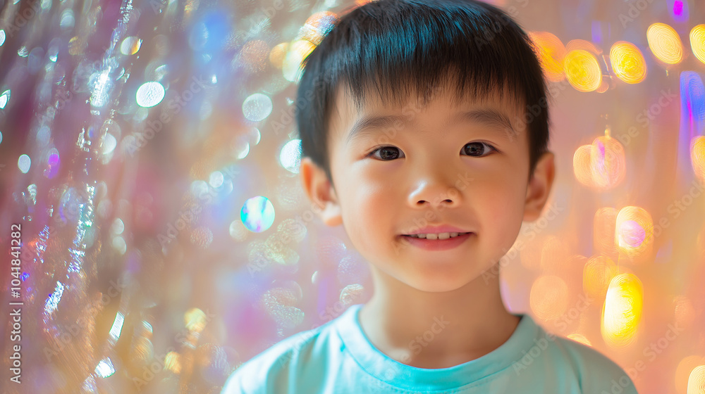 Asian boy on holographic plastic background 