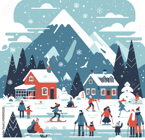 A two-dimensional vector depiction symbolizing winter, characterized by a flat vector aesthetic, minimalist design, and a white backdrop. Created using Adobe Illustrator.