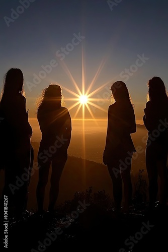 Grupo de personas en la cima de una montaña realizando un ritual de agradecimiento durante el solsticio de verano, con el amanecer iluminando el impresionante paisaje. La escena evoca conexión espirit photo