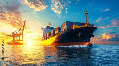 Cargo Ship at Sunset.