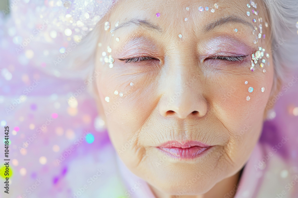 A senior Japanese woman with soft pastel makeup and glittering crystals placed delicately around her eyes, creating an ethereal and timeless beauty look. Her expression exudes peace and elegance. A senior Japanese woman with soft pastel makeup and glittering crystals placed delicately around her eyes, creating an ethereal and timeless beauty look. Her expression exudes peace and elegance.