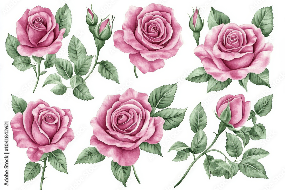 An exquisite watercolor set of delicate pink roses, surrounded by soft green leaves. Each flower is hand-painted with attention to detail and isolated on a white background, ideal for floral decor,