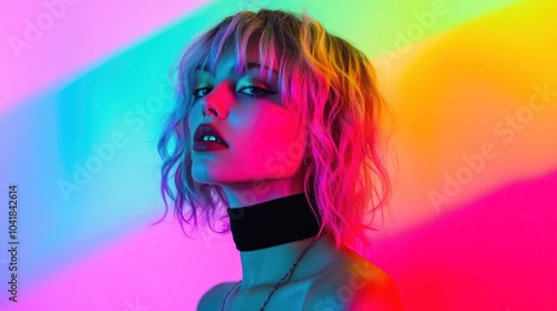 Vivid lighting on woman with choker and bright colors.