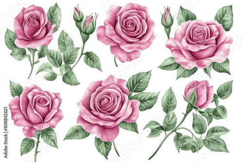 An exquisite watercolor set of delicate pink roses, surrounded by soft green leaves. Each flower is hand-painted with attention to detail and isolated on a white background, ideal for floral decor,