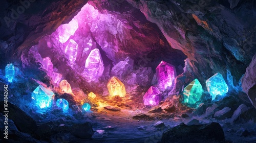 Glowing gems embedded in the walls of a crystal mine, illuminating the underground cavern with vibrant light. photo