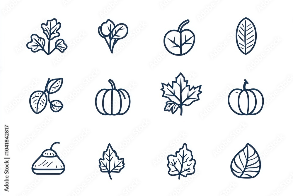 A set of flat autumn themed icons sheet, black and white, one line drawing style, thin lines, elegant, sophysticated, isolate on white A set of flat autumn themed icons sheet, black and white, one line drawing style, thin lines, elegant, sophysticated, isolate on white