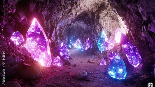 Glowing gems embedded in the walls of a crystal mine, illuminating the underground cavern with vibrant light. photo