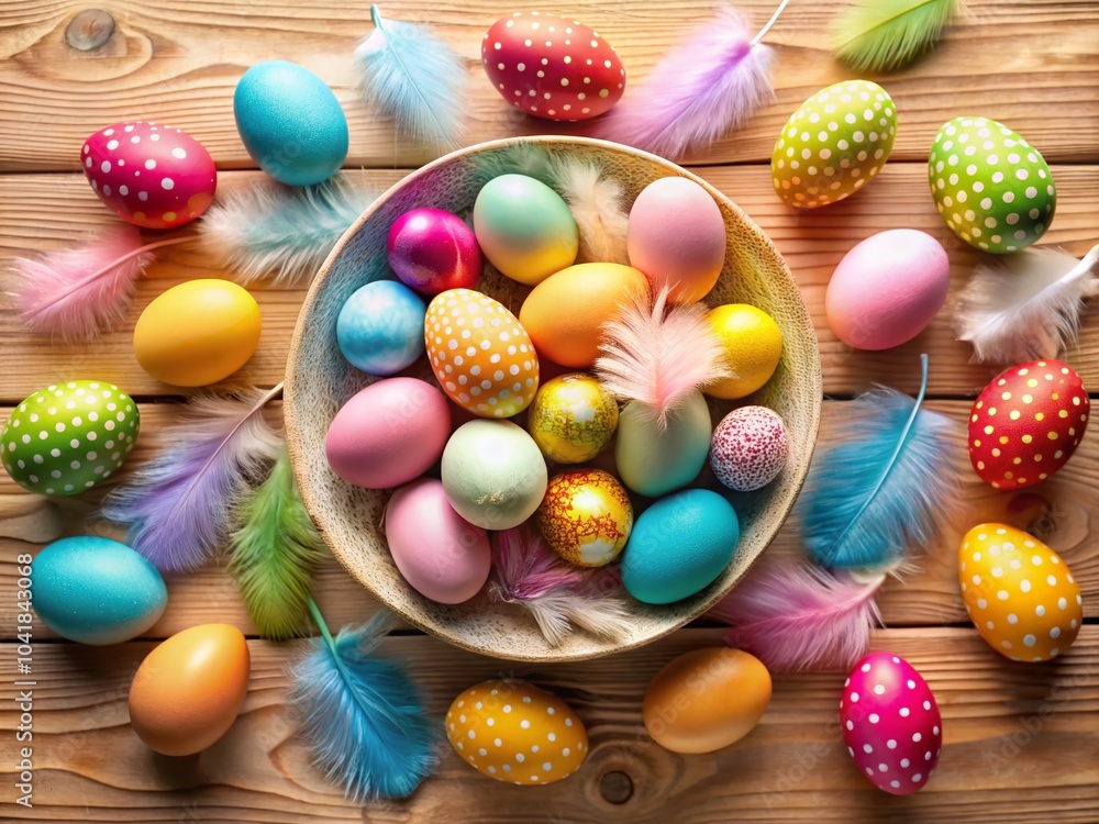Easter Concept with Colorful Eggs and Feathers on a Light Wood Background - Drone Photography Easter Concept with Colorful Eggs and Feathers on a Light Wood Background - Drone Photography
