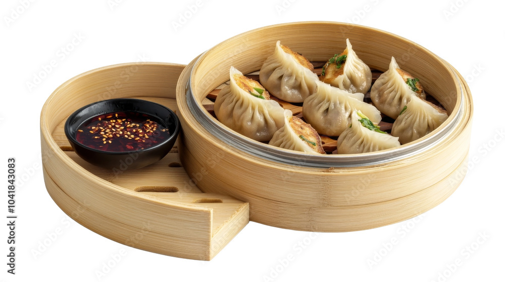 Steamed Dumplings in Bamboo Steamer with Soy Sauce. Steamed Dumplings in Bamboo Steamer with Soy Sauce.