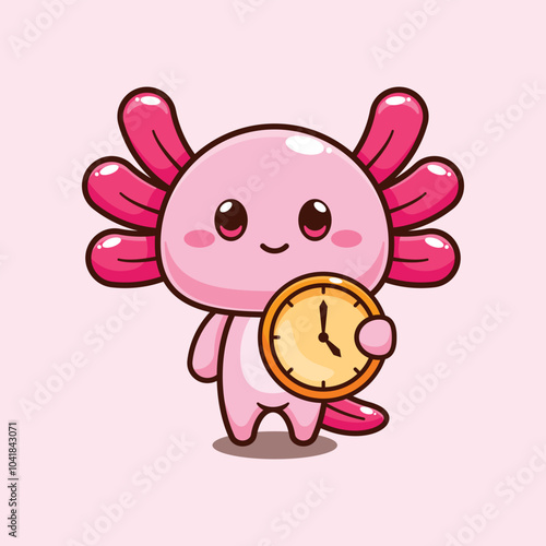 axolotl with clock. mascot cartoon character vector illustration.