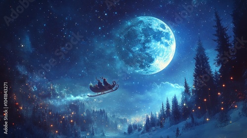 Santa Claus in a sleigh with reindeer flies over the earth in the night starry sky with an amazing big moon with snow. Magic and Happy New Year 2025, concept. with generative ai