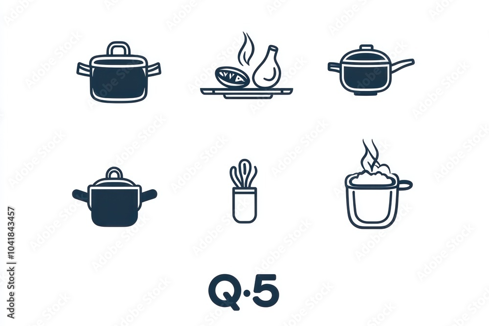 A set of icons for cooking, such as pots and pans, kitchen utensils, ingredients like vegetables or meat, a rice cooker, a flame on the stove A set of icons for cooking, such as pots and pans, kitchen utensils, ingredients like vegetables or meat, a rice cooker, a flame on the stove
