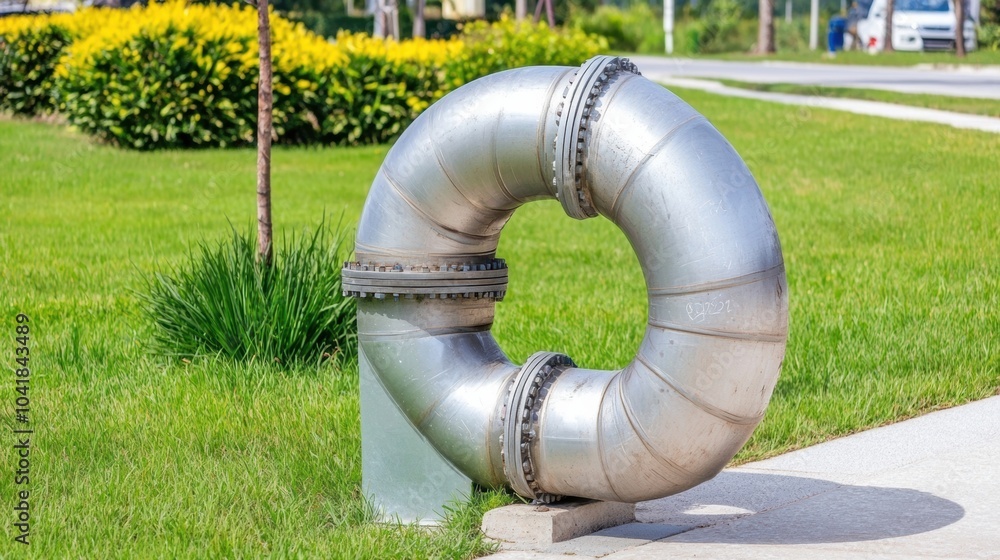 Curving Metal Pipes in a Landscaped Urban Setting with Greenery Curving Metal Pipes in a Landscaped Urban Setting with Greenery