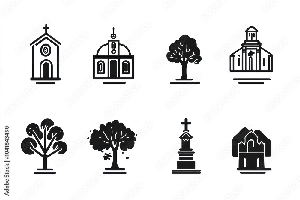 a set of map icons church, museum, historical site, park, statue, monochrome, black on white background, minimum details, schematic, schematic, vector, minimalist style, doodle a set of map icons church, museum, historical site, park, statue, monochrome, black on white background, minimum details, schematic, schematic, vector, minimalist style, doodle