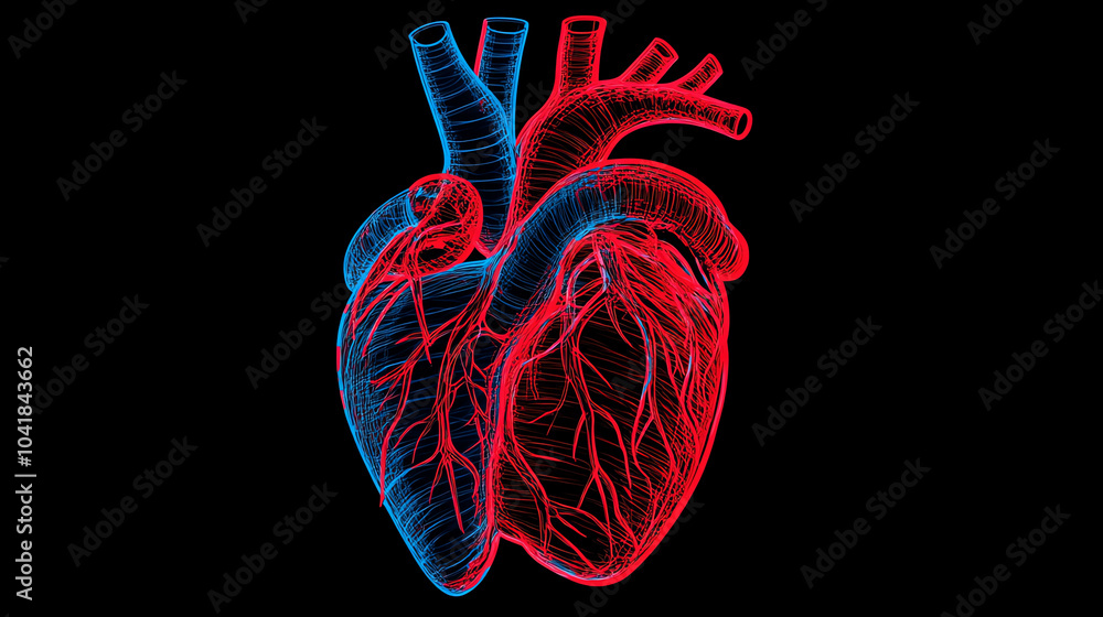 A detailed illustration of a human heart in vibrant red and blue colors, showcasing anatomical features and vascular structures.