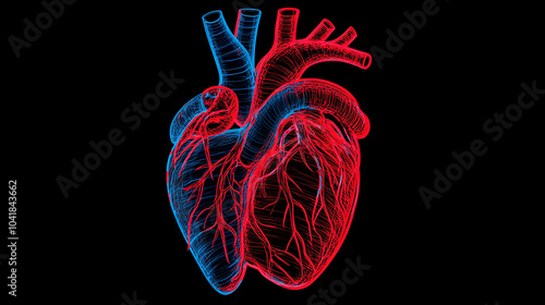 A detailed illustration of a human heart in vibrant red and blue colors, showcasing anatomical features and vascular structures.