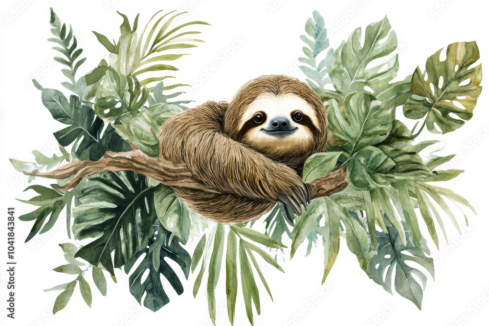Fototapeta premium A detailed watercolor of a sloth hanging from a branch, nestled in tropical leaves and vines. The sloth brown fur and gentle expression are carefully painted, isolated on a white background for