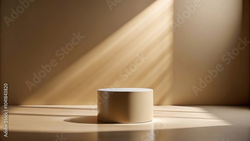 Minimalist product display with a beige pedestal illuminated by sunbeams casting shadows on a light brown background