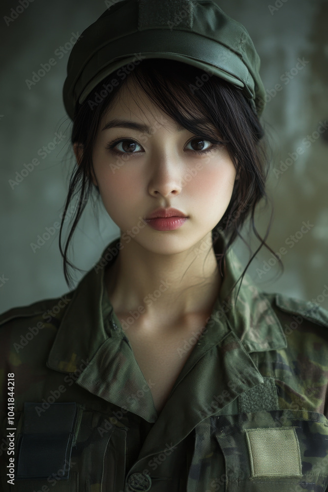 A Japanese female soldier, young adult, standing tall in her military uniform. Her sharp features and serious expression capture her focus, framed by a soft, natural light that adds a sense of calm. A Japanese female soldier, young adult, standing tall in her military uniform. Her sharp features and serious expression capture her focus, framed by a soft, natural light that adds a sense of calm.