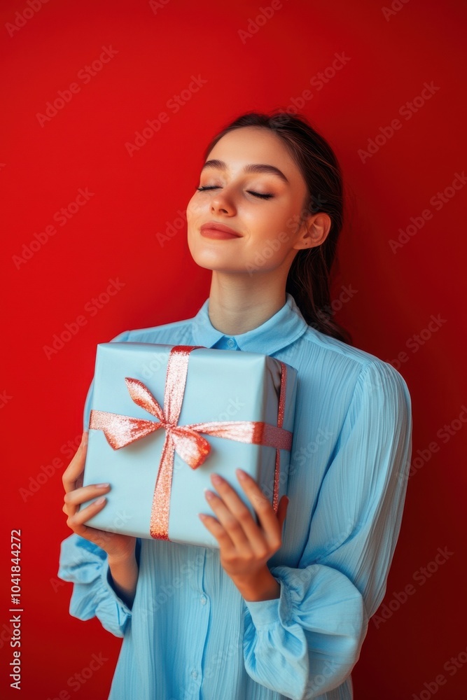 Happy female with gift box in holiday season. Happy female with gift box in holiday season.