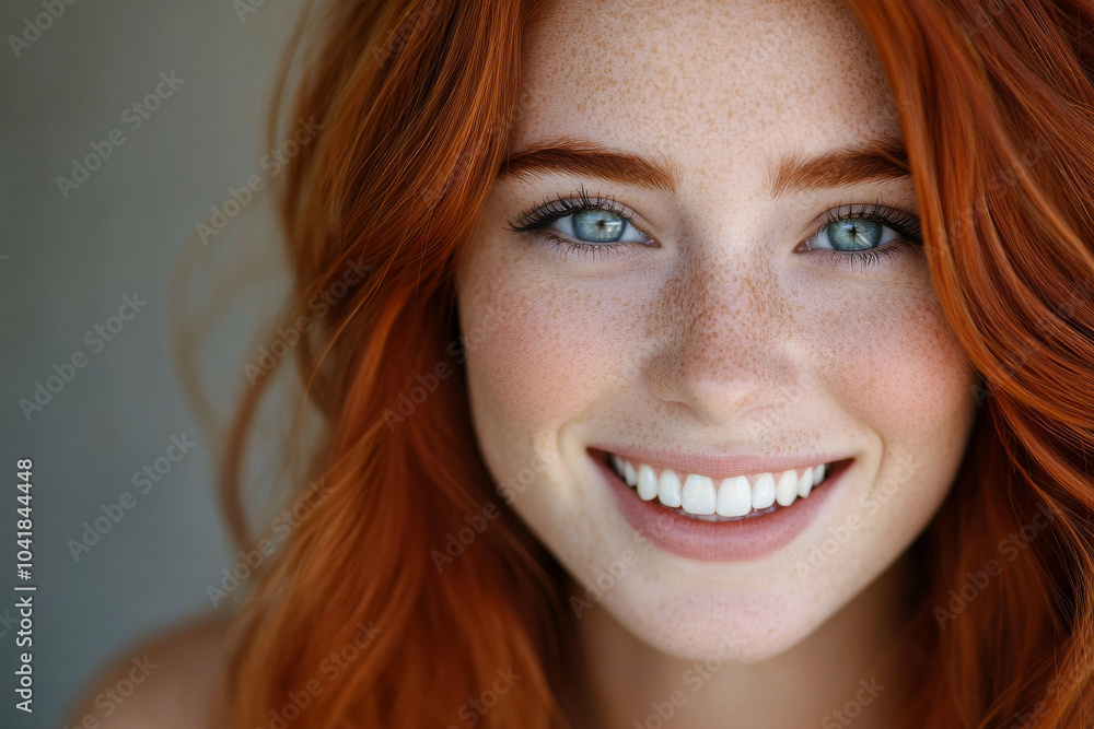 A close-up portrait of a young Caucasian woman with vibrant red hair and striking blue eyes. Her radiant smile and natural beauty are highlighted by soft, diffused lighting that enhances her features A close-up portrait of a young Caucasian woman with vibrant red hair and striking blue eyes. Her radiant smile and natural beauty are highlighted by soft, diffused lighting that enhances her features