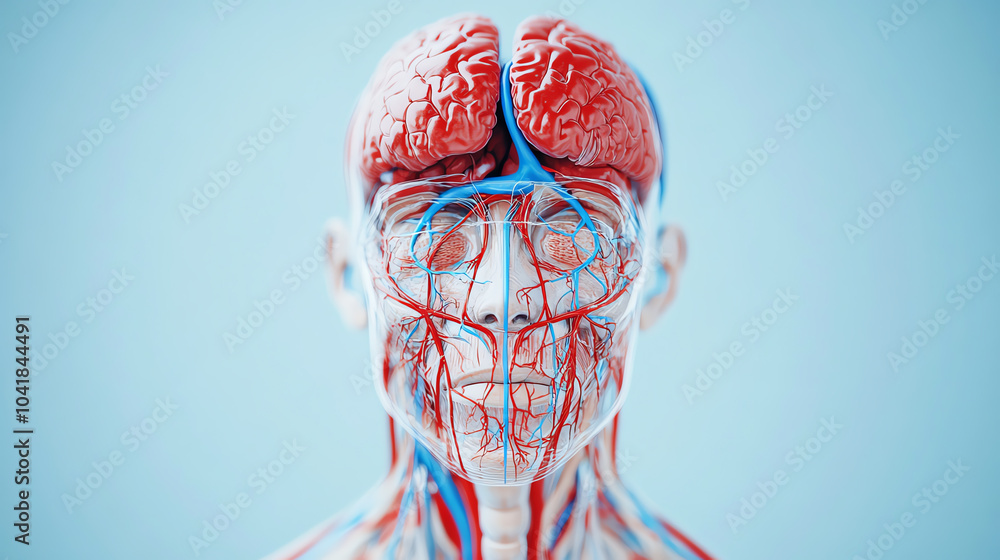 Anatomical illustration of a human head focusing on the brain and vascular system, showcasing detailed blood vessels against a light blue background.