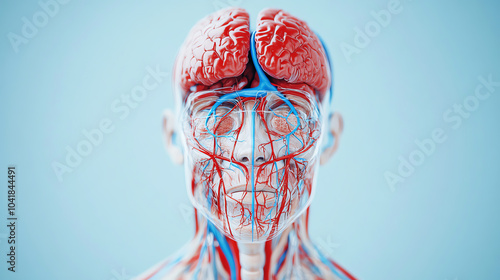 Anatomical illustration of a human head focusing on the brain and vascular system, showcasing detailed blood vessels against a light blue background. photo