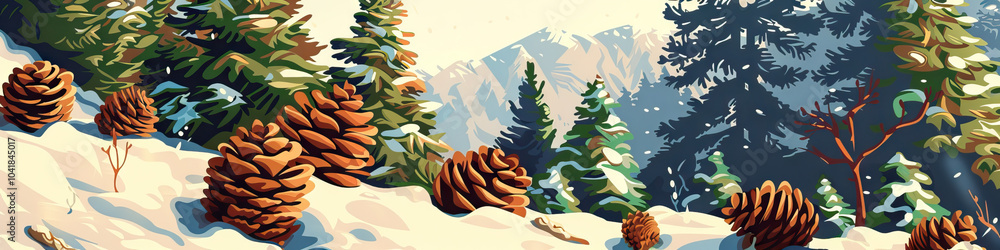 Fototapeta premium Brown and Green Pine Cones Cascading Down a Snowy Mountain