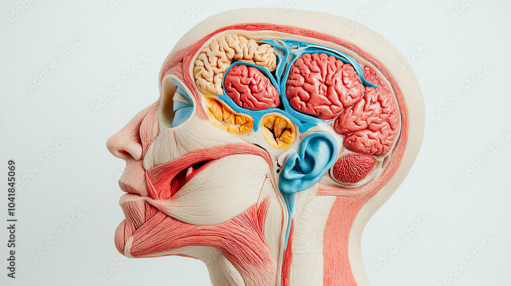 Anatomical model showcasing human facial muscles, brain structure, and ear anatomy against a plain white background for educational purposes.