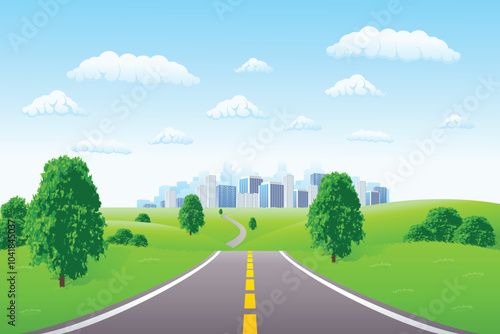 A picturesque vector illustration of a road leading to a city, bordered by lush grassy ground and trees under a bright blue sky with fluffy clouds. Ideal for travel, outdoor, or landscape-themed.