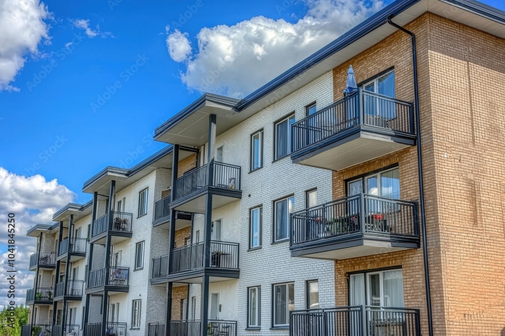 A modern apartment building with balconies, featuring a mix of brick and white facades under a blue sky with clouds. A modern apartment building with balconies, featuring a mix of brick and white facades under a blue sky with clouds.
