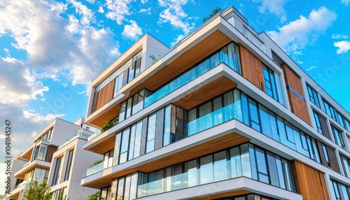 A modern residential building with large glass windows and wooden accents under a blue sky with clouds.