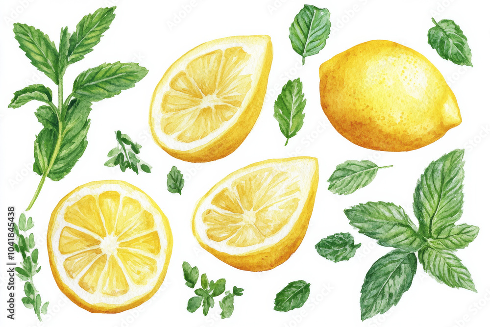 A hand-painted watercolor composition of juicy lemon halves, mint leaves, and peppermint sprigs. The vivid, natural colors are isolated on a white background, ideal for use in botanical illustrations, A hand-painted watercolor composition of juicy lemon halves, mint leaves, and peppermint sprigs. The vivid, natural colors are isolated on a white background, ideal for use in botanical illustrations,