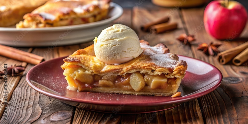 A Slice of Warm Apple Pie Topped with a Scoop of Vanilla Ice Cream, Served on a Red Plate with Cinnamon Sticks and Star Anise on a Wooden Table A Slice of Warm Apple Pie Topped with a Scoop of Vanilla Ice Cream, Served on a Red Plate with Cinnamon Sticks and Star Anise on a Wooden Table