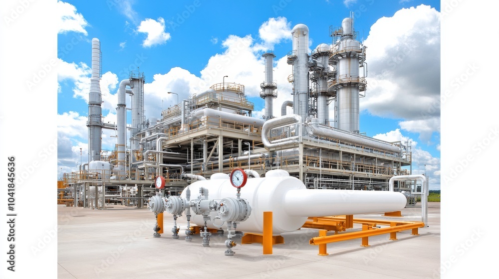 Obraz premium Massive Industrial Power Plant Complex Under Cloudy Blue Sky