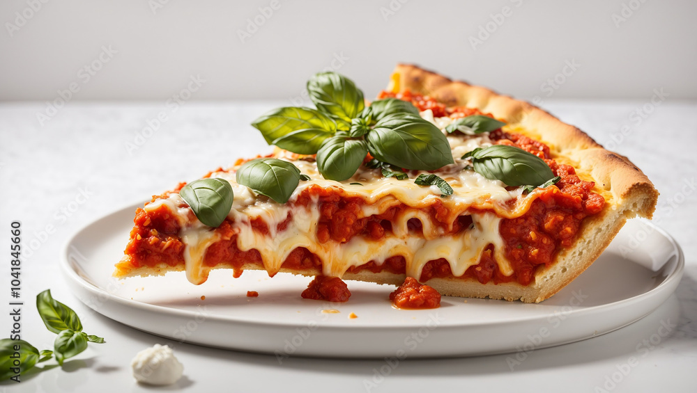 A pizza slice with tomato sauce, mozzarella cheese, and basil. Part of the sauce is dripping.
A pizza slice with tomato sauce, mozzarella cheese, and basil. Part of the sauce is dripping.