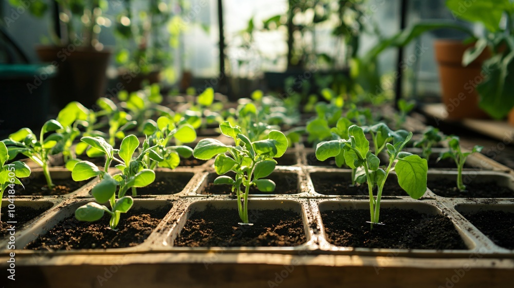 Seedlings in a Tray with Sunbeams Seedlings in a Tray with Sunbeams
